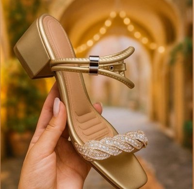 SANDÁLIA DOURADA / TRANÇA STRASS / AJUSTE LATERAL